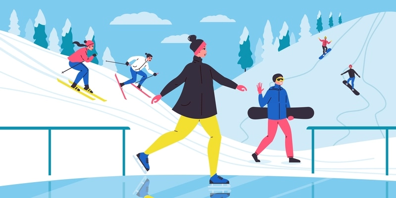 Winter activity background with young people involved in skating snowboarding downhill skiing flat vector illustration