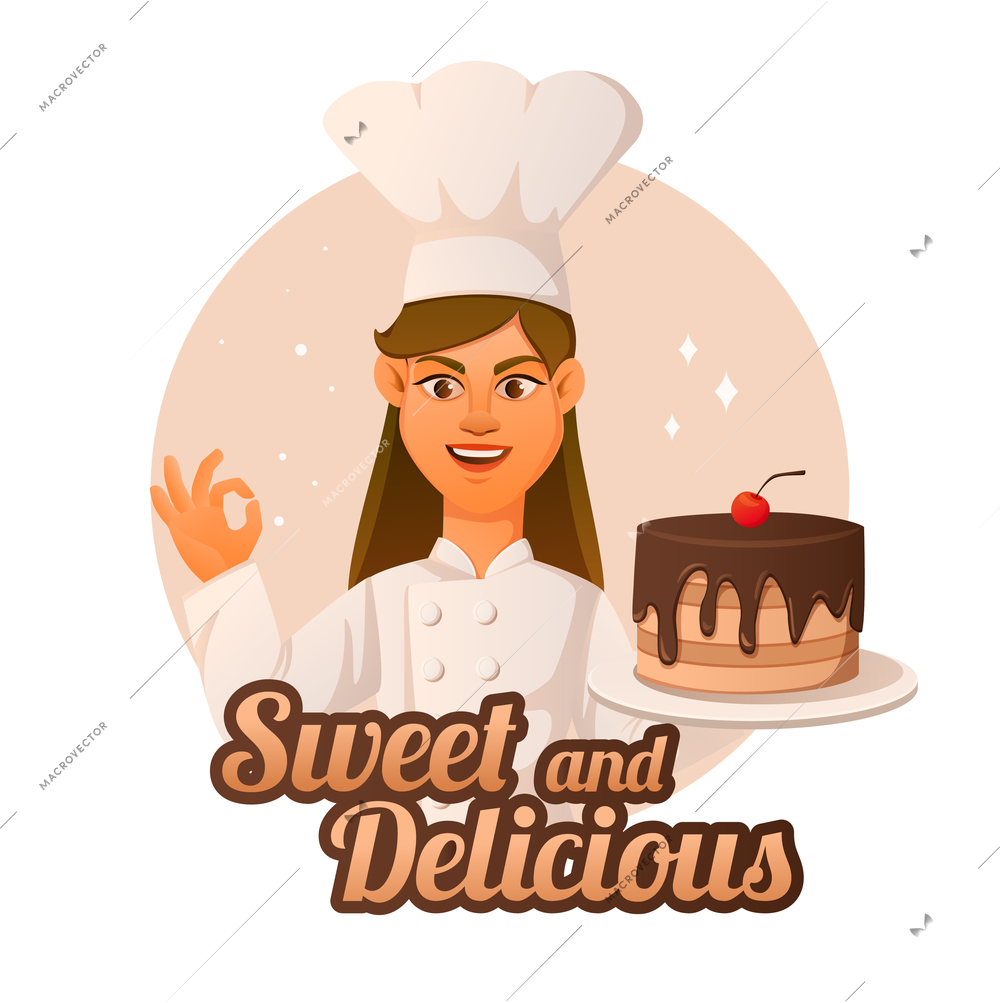 Sweet and delicious flat composition with funny chef female cartoon character offering chocolate covered cake vector illustration