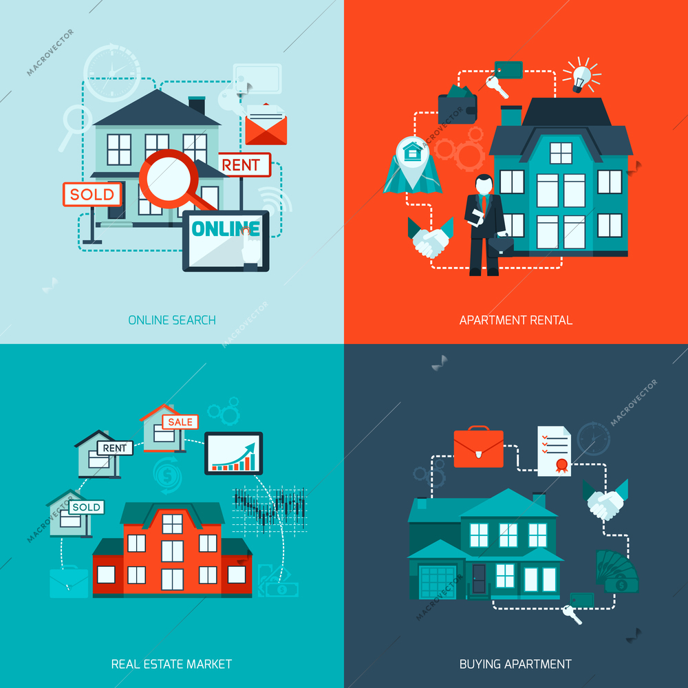 Real estate design concept set with online search apartment rental market buying flat icon isolated vector illustration