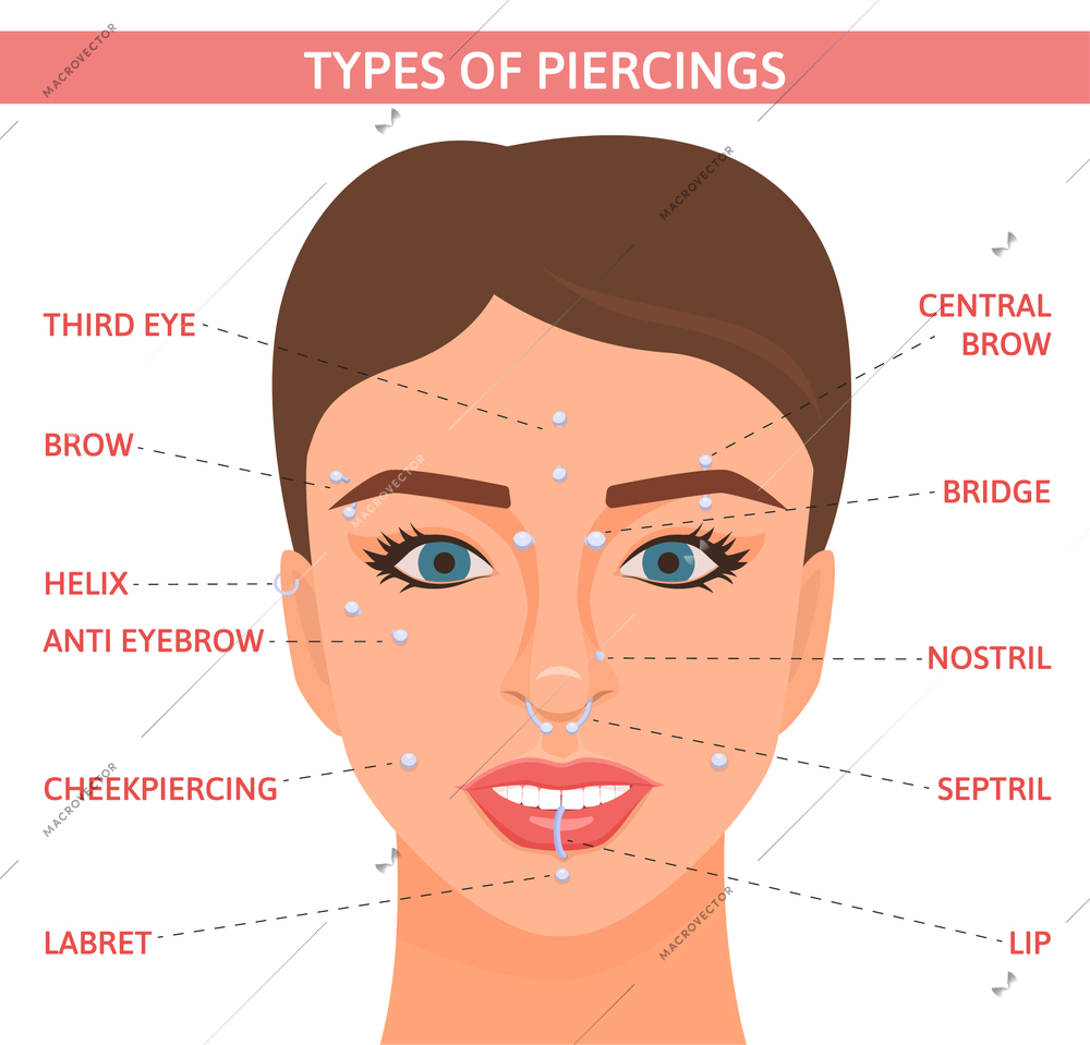 Piercing flat infographics showing pretty female face with text captions pointing to pierced parts of it vector illustration