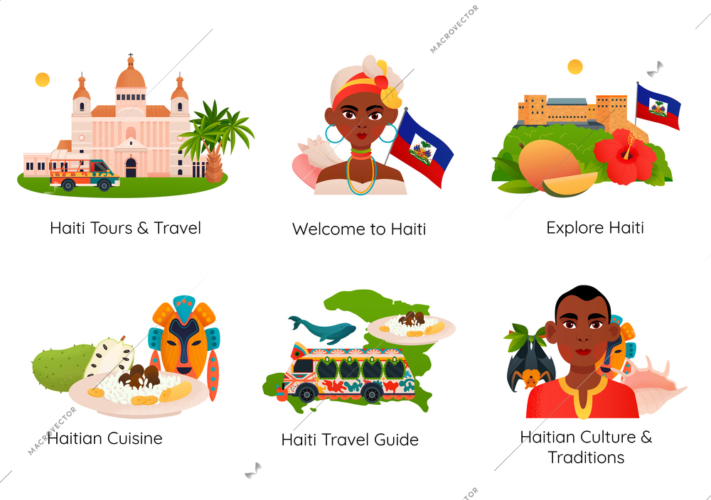 Haiti travel guide culture and traditions flat compositions set with landmark cuisine people isolated vector illustration