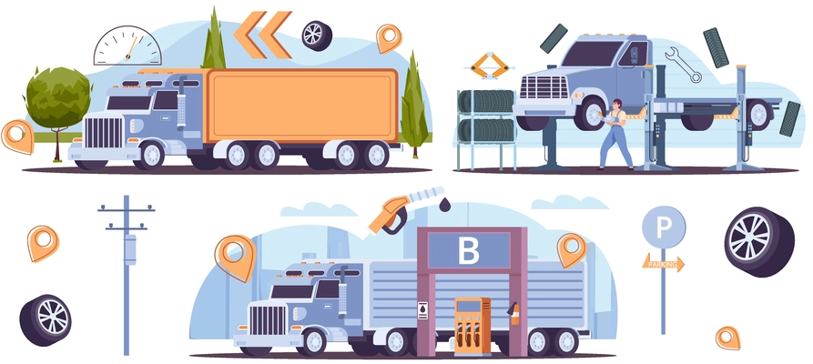 Truck cargo delivery set with deadline and destination symbols flat isolated vector illustration