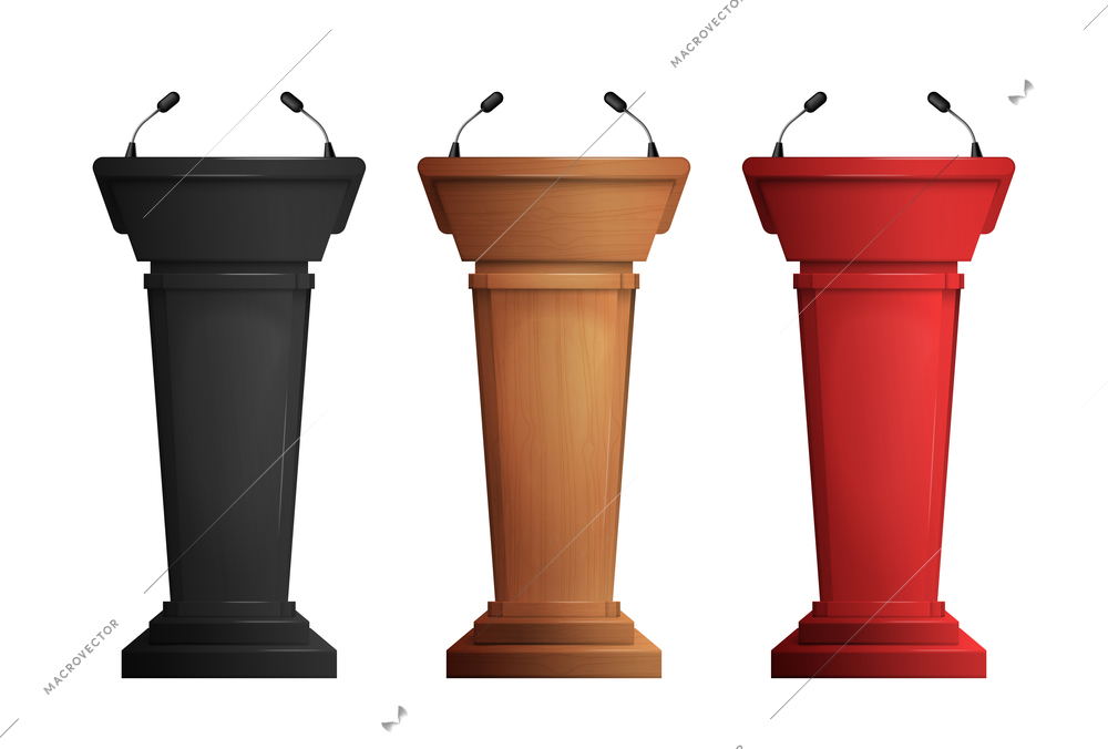 Three realistic wooden black and red tribunes for debate with microphones isolated vector illustration