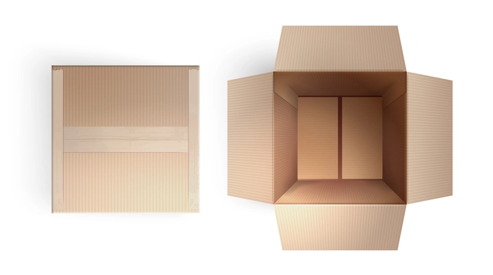Empty opened and taped up closed delivery  cardboard box realistic top view isolated vector illustration