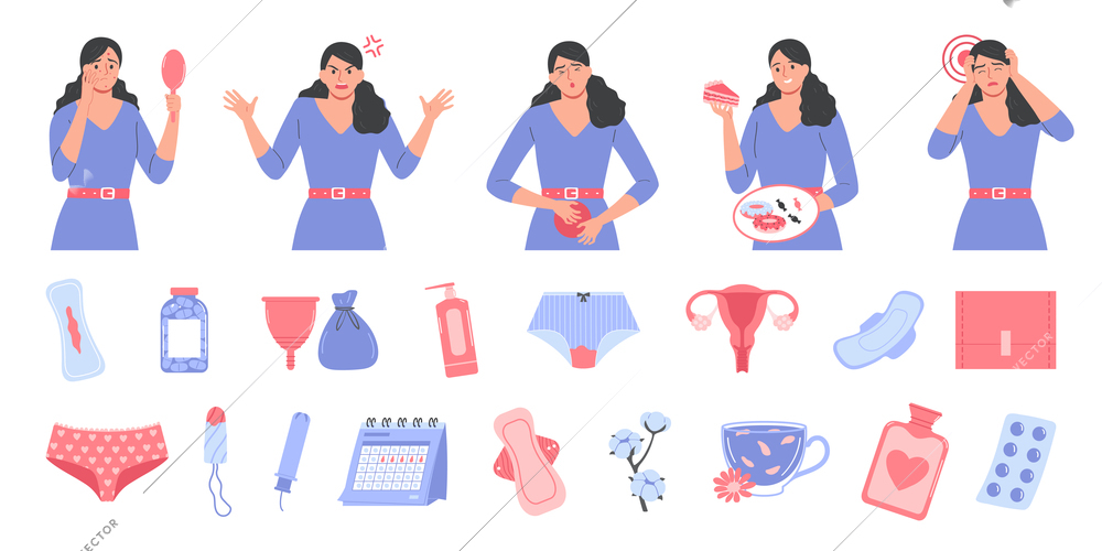 Menstruation flat set of medical and health care items and women with pms symptoms images isolated vector illustration