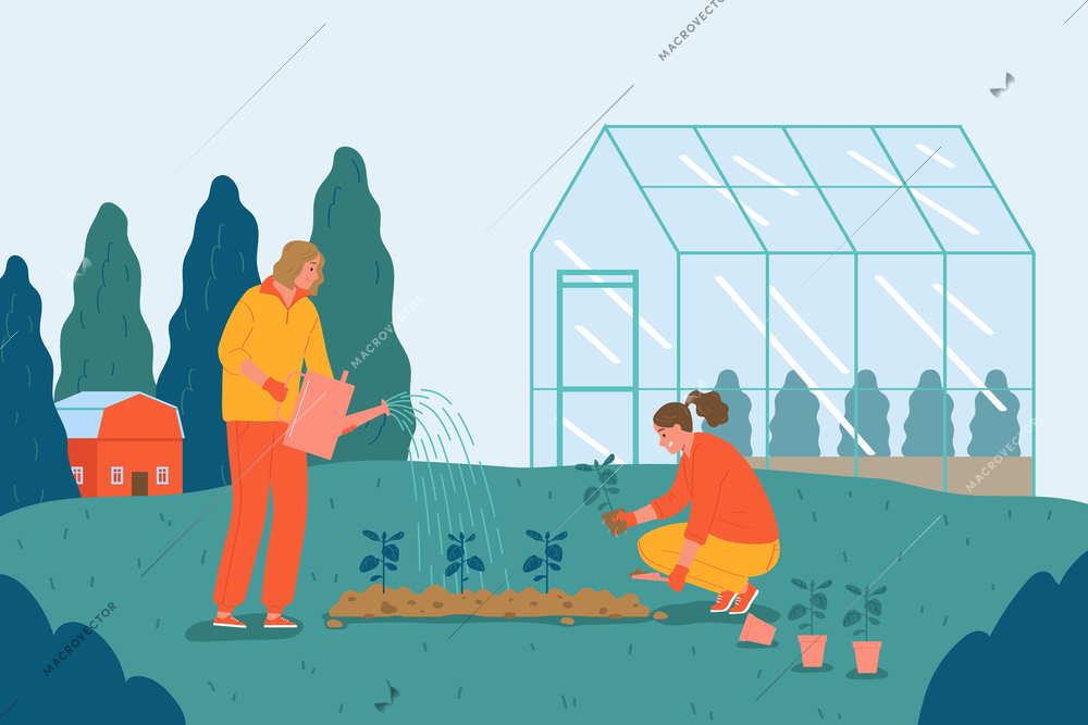 Agriculture work flat background with two women planting seedlings outdoors and in greenhouse vector illustration