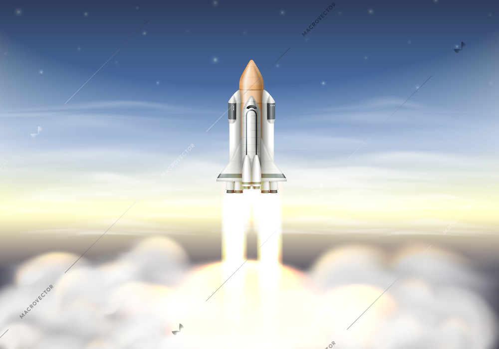 Realistic rocket launch background with shuttle flying into space above clouds vector illustration