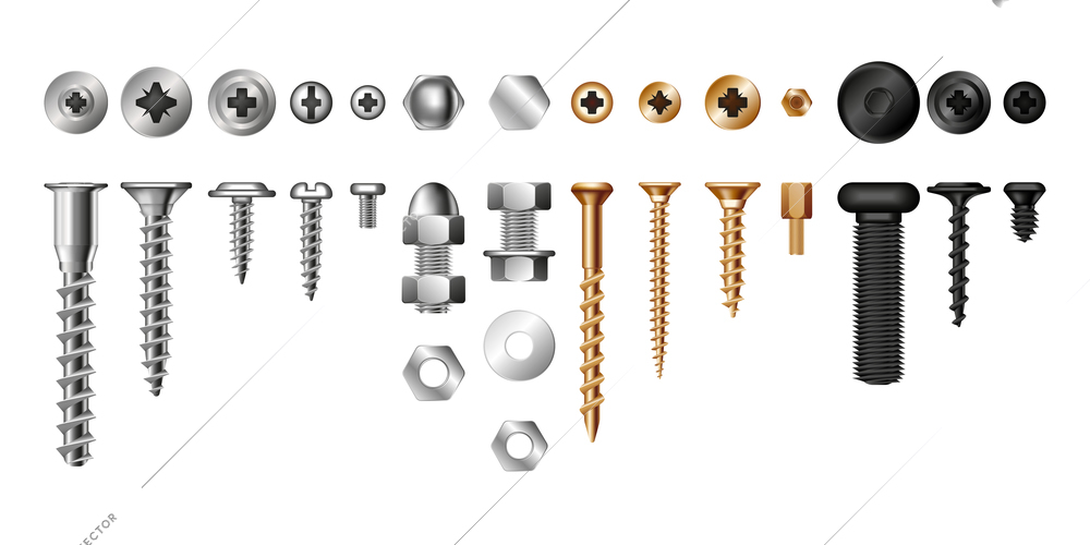 Bolts and different tools assortment realistic set  isolated vector illustration