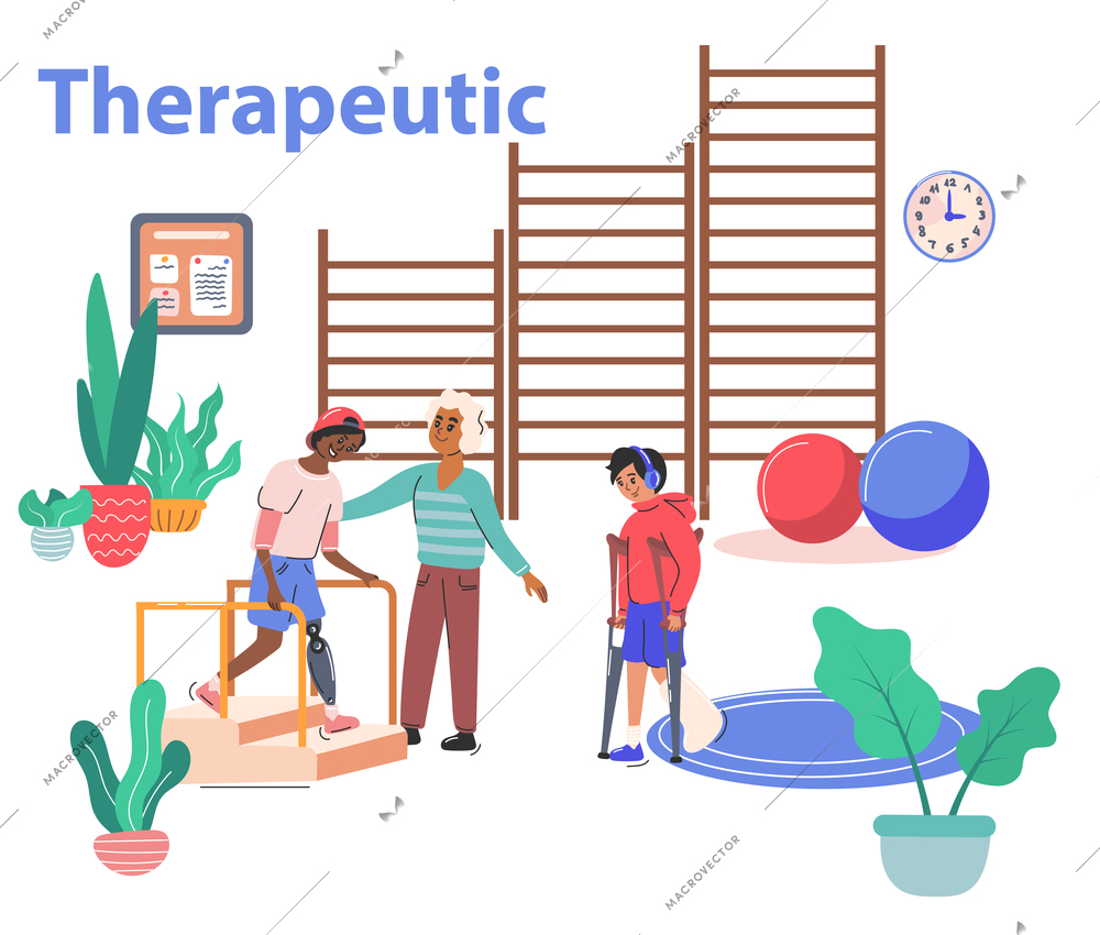 Physiotherapy and rehabilitation composition with therapeutic symbols flat vector illustration