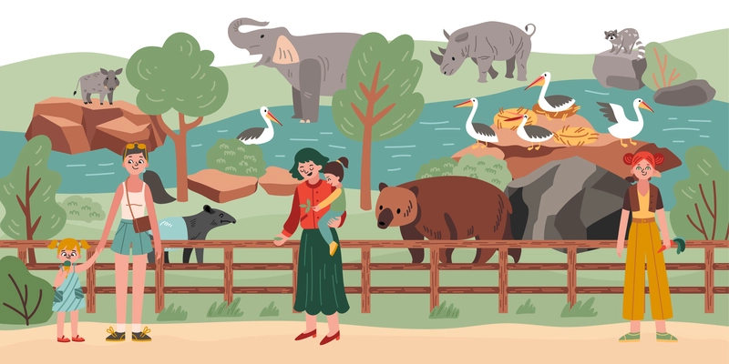 Zoo people composition visitors walk around the zoo and look at the animals vector illustration