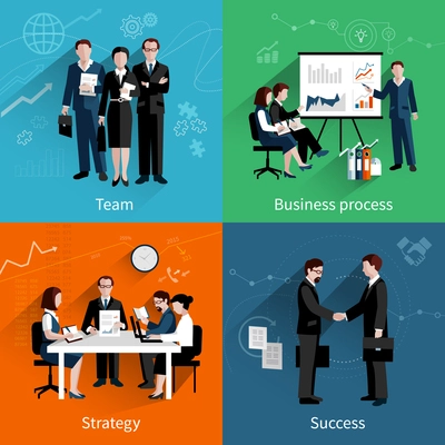 Teamwork design concept set with team business process strategy and success flat icons set vector illustration