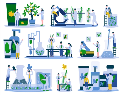 Cosmetic scientific laboratory set with flat icons of growing plants and essences in tubes with scientists vector illustration