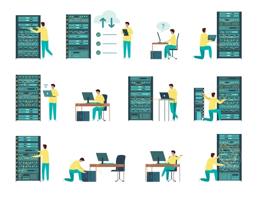 System administrator flat color set of isolated icons with people at server racks and data pictograms vector illustration