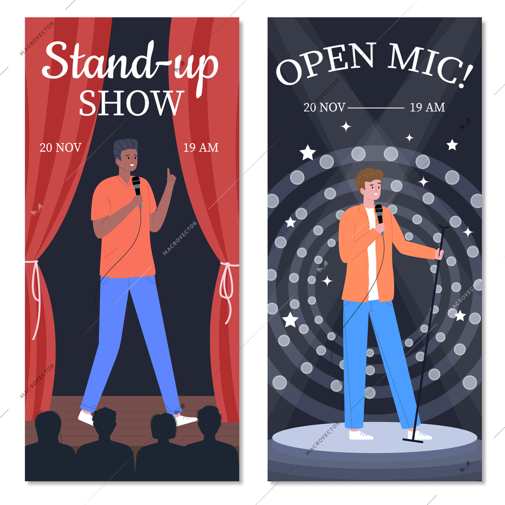 Stand up comedy show open microphone flat set of two vertical banners with cartoon guy stage vector illustration