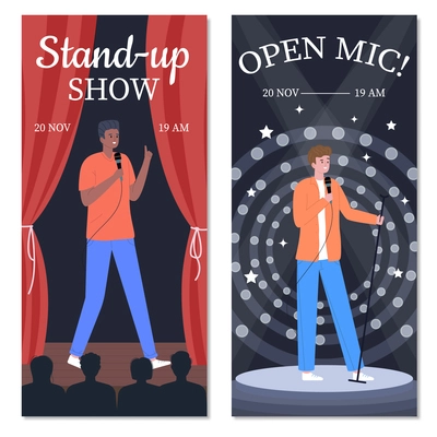 Stand up comedy show open microphone flat set of two vertical banners with cartoon guy stage vector illustration