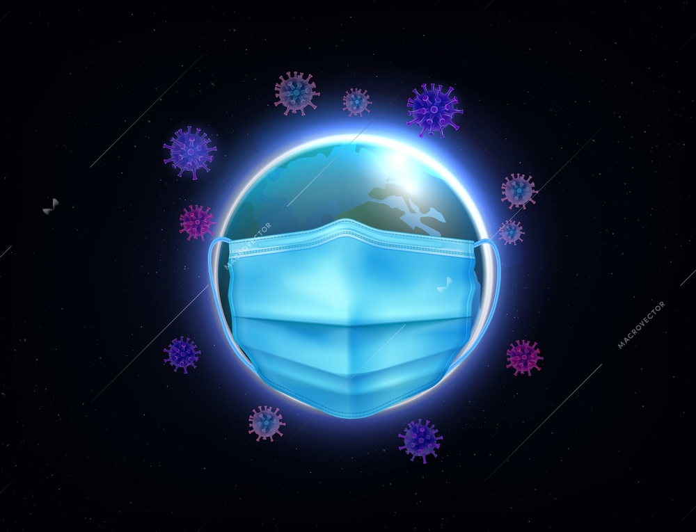 Pandemic earth composition with realistic earth globe bubble wearing protective mask surrounded by flying virus icons vector illustration