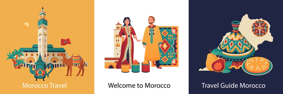 Morocco travel guide flat design concept with traditional food people wearing national costumes landmark pottery camel isolated vector illustration