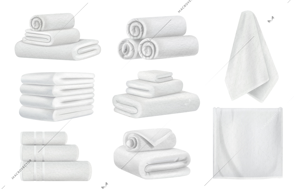 Realistic white towel set with isolated images of twisted bath towels put into stacks and pyramids vector illustration