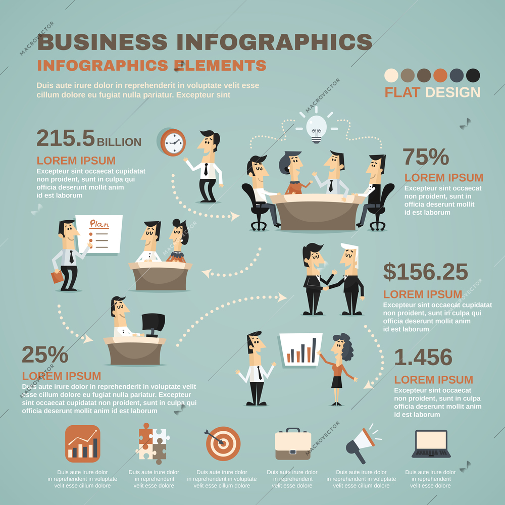 Office work business team effective management and creative planning infographics charts poster print abstract isolated vector illustration