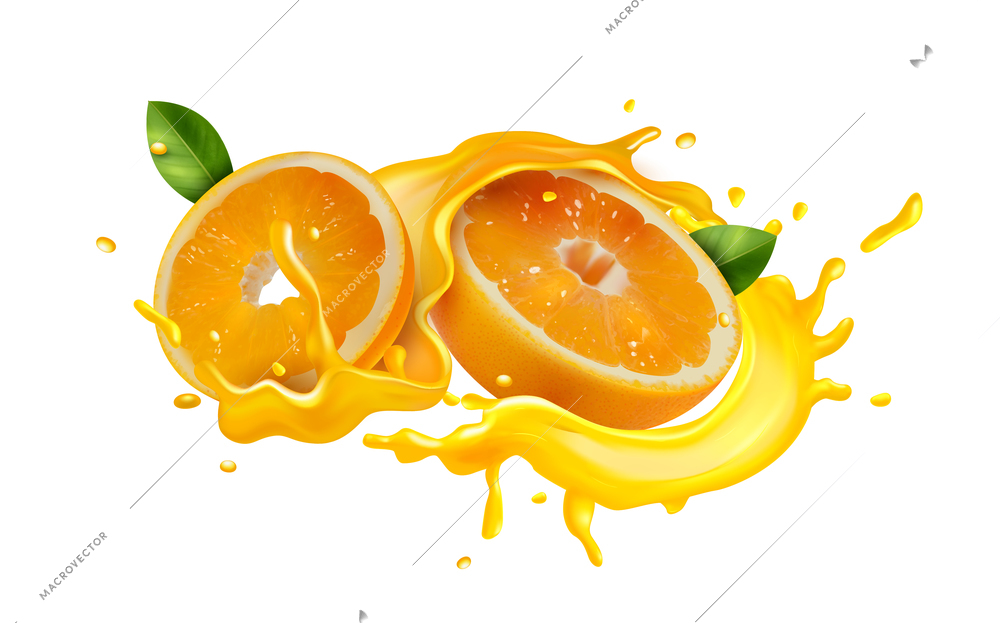 Realistic fresh cut orange with green leaves in juice splashes on blank background vector illustration