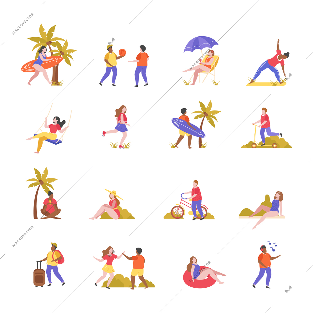 Summer activities flat set of isolated icons representing different leisure activities with palms surfboards and people vector illustration