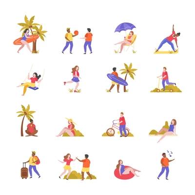 Summer activities flat set of isolated icons representing different leisure activities with palms surfboards and people vector illustration