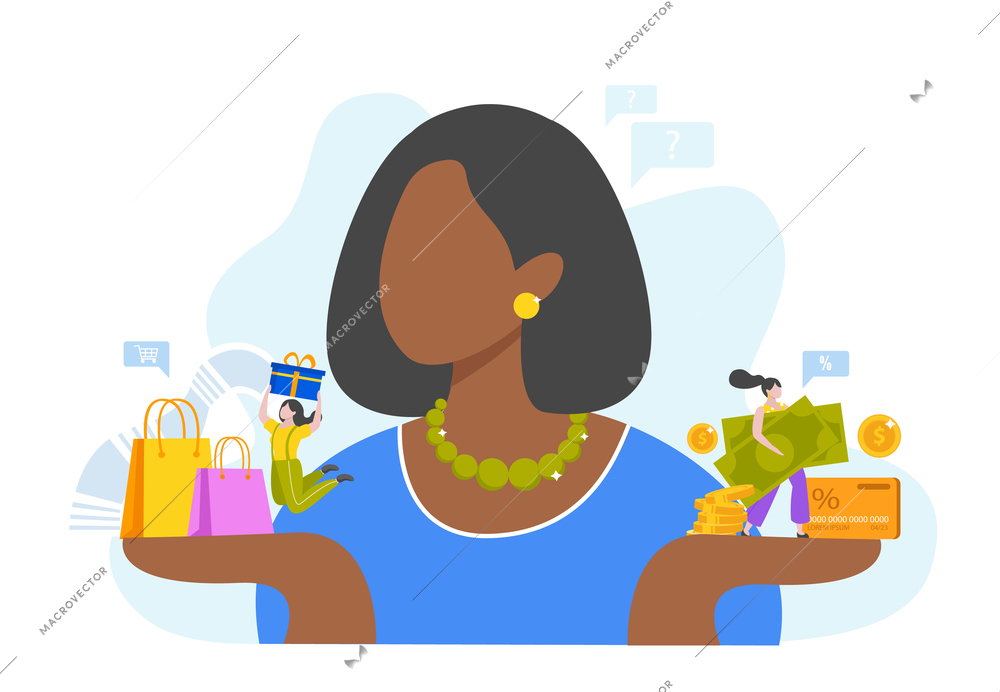 Shopping girls flat composition with faceless character of african american woman holding money goods and people vector illustration