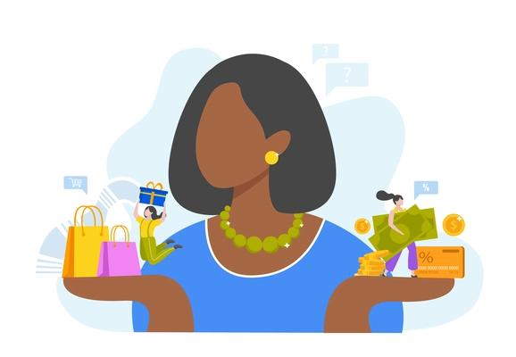 Shopping girls flat composition with faceless character of african american woman holding money goods and people vector illustration