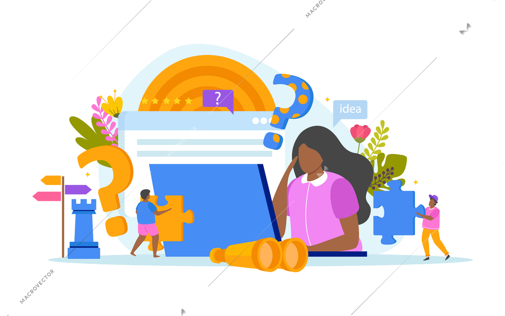 Searching decisions concept flat composition with question marks puzzle pieces moved by small people and girl vector illustration