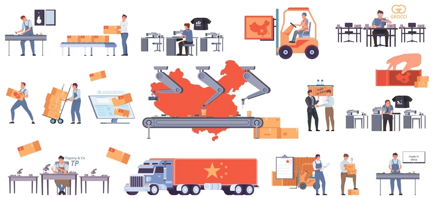 China production flat set with isolated icons of working places forklifts assembly lines and human characters vector illustration