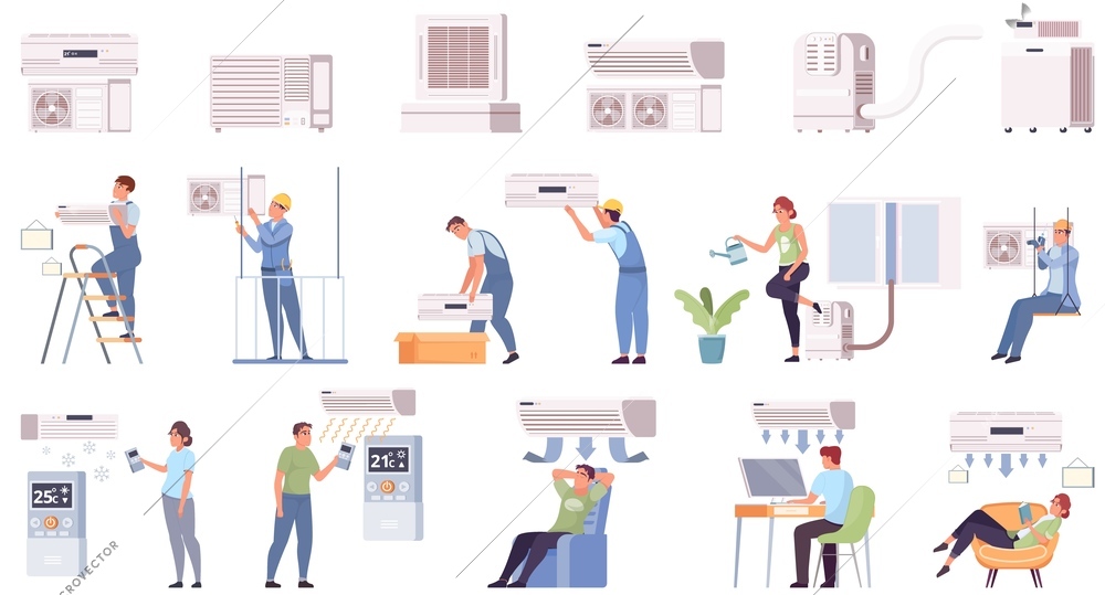 Air conditioning set with flat icons and isolated images of users maintenance workers and conditioner parts vector illustration