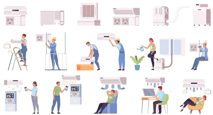 Air conditioning set with flat icons and isolated images of users maintenance workers and conditioner parts vector illustration