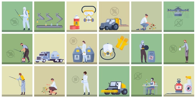 Pesticide farm set of flat square shaped compositions with people using chemicals detergents and heavy machinery vector illustration