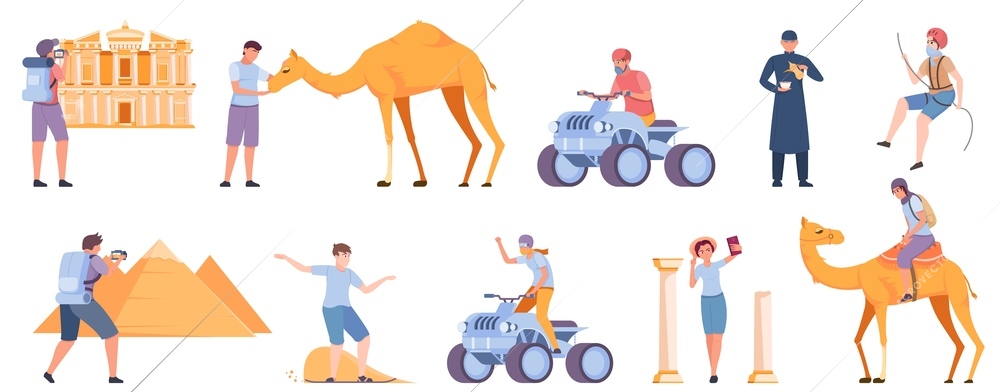 Set with isolated desert travel flat icons with human characters of tourists among camels and pyramids vector illustration