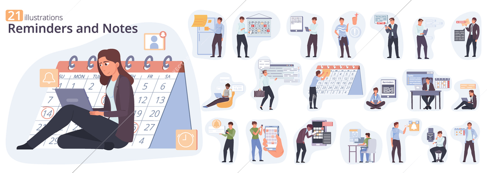 Reminder people composition with isolated icons of organizer items and business people with calendars and text vector illustration