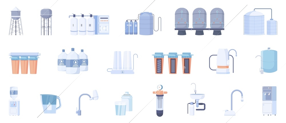 Water purification flat set with isolated icons of household appliances parts with filters tubes and towers vector illustration