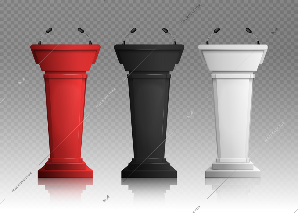 Three realistic white black and red tribunes for lecture with microphones on transparent background isolated vector illustration