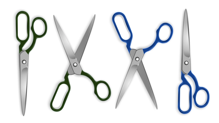 Realistic set with pairs of sewing scissors on white background isolated vector illustration