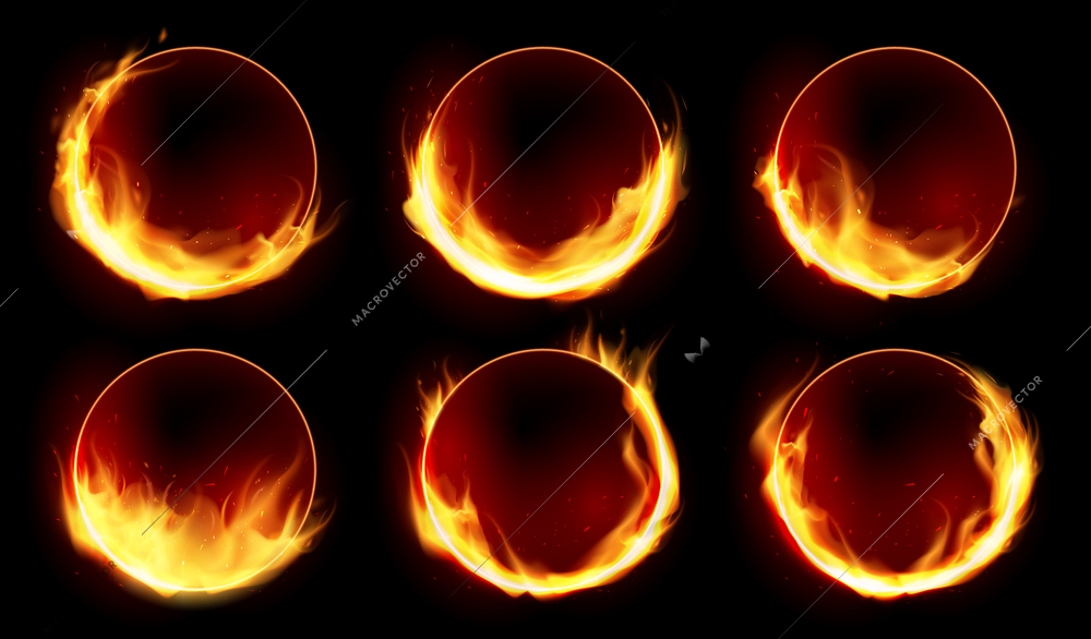 Realistic set of six fire burning round frames isolated on blank background vector illustration
