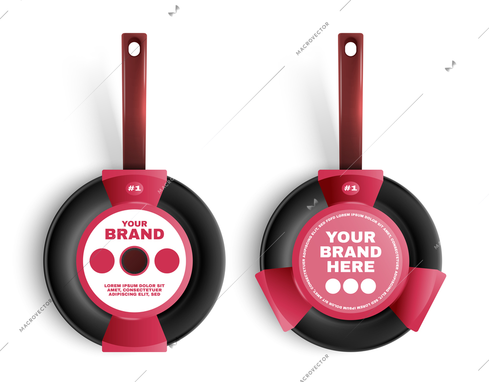 Two realistic non stick frying pans with packaging template isolated on white background vector illustration