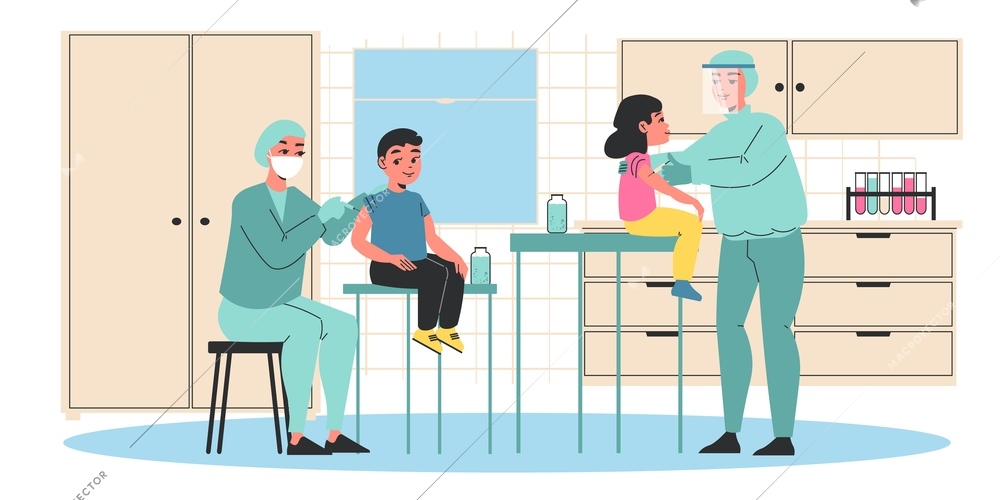 Vaccination people composition with indoor scenery of hospital room with doctors giving vaccine shots to children vector illustration