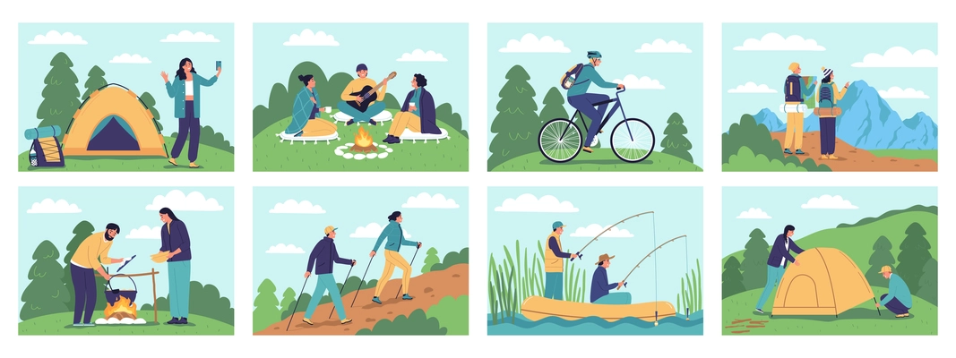 hiking color compositions set with people go camping cooking food on bonfire fishing from boat isolated vector illustration