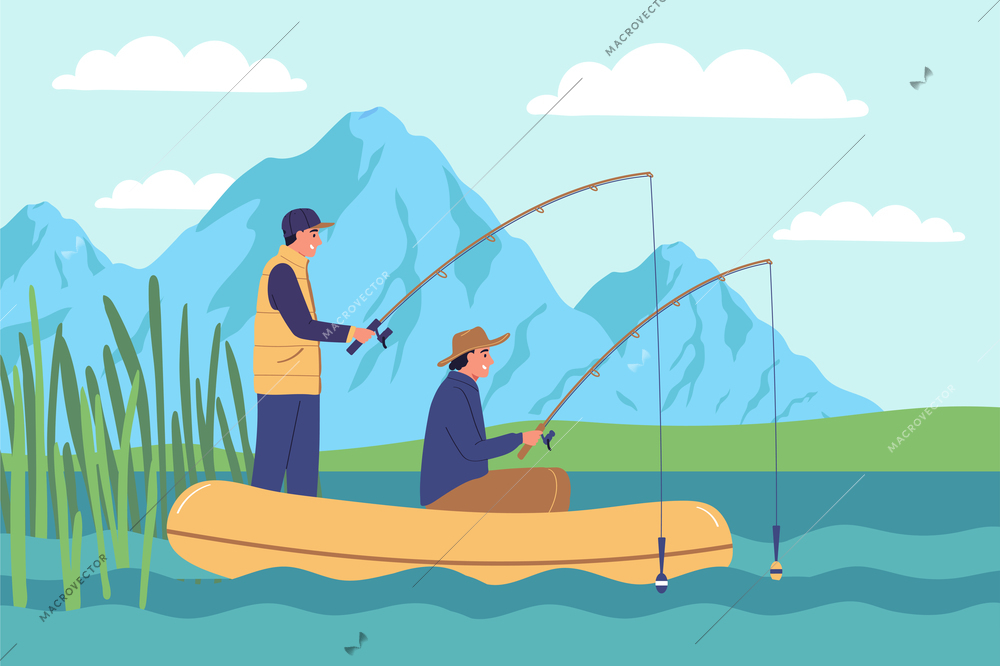 Fishing flat color background with two fishermen in inflatable boat holding fishing tackles for catching river fish vector illustration