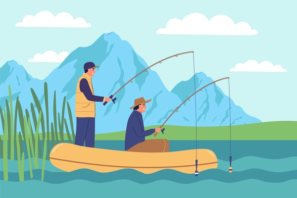 Fishing flat color background with two fishermen in inflatable boat holding fishing tackles for catching river fish vector illustration