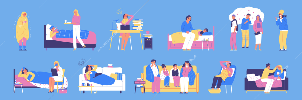 Cold flu virus color set of sick people and family members taking care of their relatives isolated vector illustration