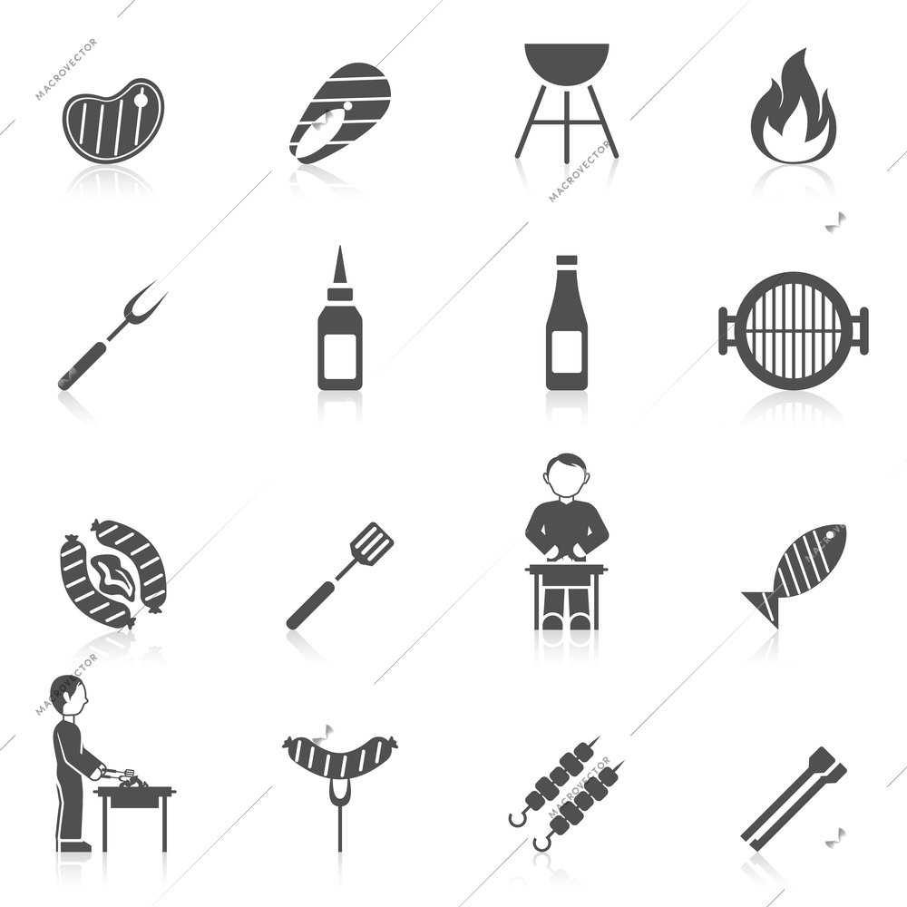 Bbq grill equipment icon black set with skewer ketchup sauce isolated vector illustration