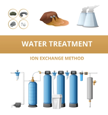 Water purification technology with ion exchange method filtration system cartoon isolated vector illustration