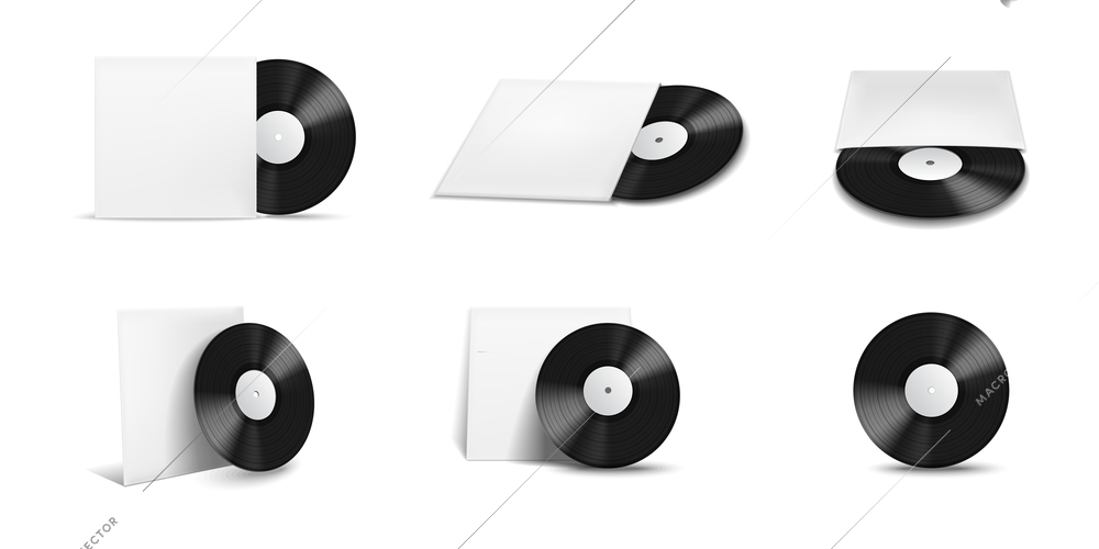 Vinyl record covers mockup realistic icon set with white covers and labels vector illustration