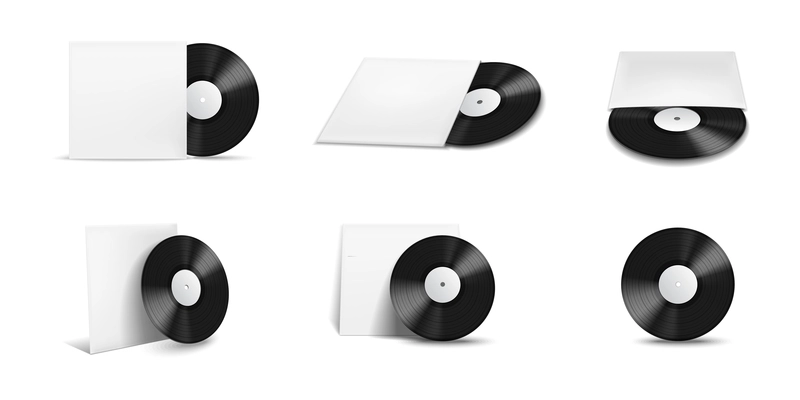 Vinyl record covers mockup realistic icon set with white covers and labels vector illustration