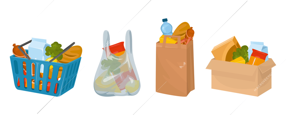 Food set with isolated icons of basket bag and box filled with products bought in grocery vector illustration